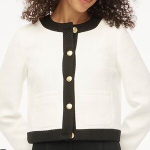 J. Crew White Tweed Cropped Jacket with Black Trim and Gold Buttons